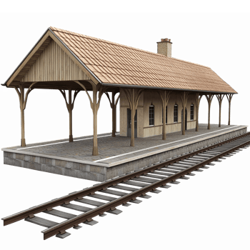 Realistic Wooden Train Station Building with Platform and Tracks in 3D Perspective View png