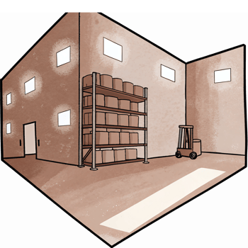 Warehouse Interior with Storage Racks Forklift and Sunlit Floor for Industrial Applications png