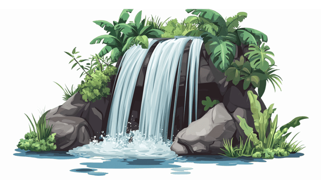 Serene Tropical Waterfall Cascade Surrounded by Lush Greenery and Rocks in a Tranquil Environment png