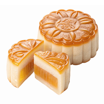 Traditional Mooncake with a Floral Design and Cut Slice Displaying Golden Filling png