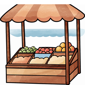 Colorful Fruit and Vegetable Market Stall with Canopy and Display Bins for Fresh Produce png