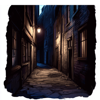 Mysterious Narrow Alleyway Illuminated by Vintage Street Lamp at Night png