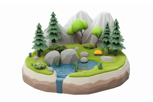 3D Landscape Scene with Trees Waterfall Stream and Rocky Terrain for Natural Environment Design png