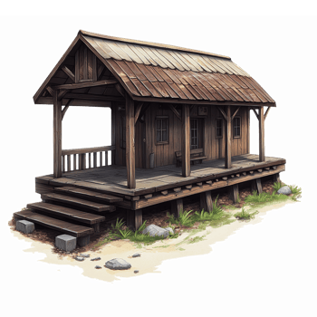 Rustic Wooden Cabin with Porch Surrounded by Grass and Stones on Transparent Background png