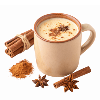 Creamy Spiced Chai Latte in Rustic Mug with Cinnamon Sticks and Star Anise on Transparent Background png