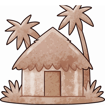Tropical Thatched Roof Hut Surrounded by Palm Trees Featuring Warm Earthy Tones and Natural Elements png