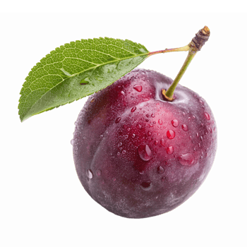 Fresh Purple Plum with Water Droplets and Green Leaf on Transparent Background png
