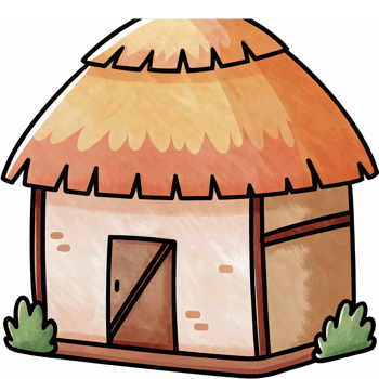 Charming Hand-Drawn Cottage Illustration with Thatched Roof and Lush Greenery png