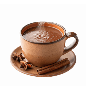 Steaming Hot Chocolate in Ceramic Mug with Cinnamon Sticks and Star Anise on Saucer png