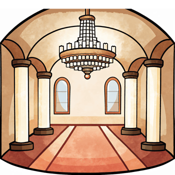 Elegant Interior Hall with Chandelier and Decorative Columns in Warm Tones png