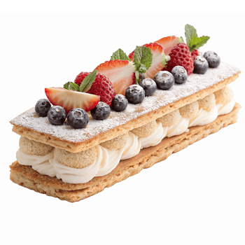 Delicious Dessert Millefeuille with Fresh Berries and Cream Topping on Transparent Background png