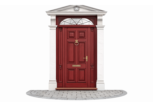 Elegant Red Front Door with Decorative Arch and Stone Pathway for Home Entrance Design png