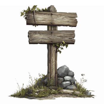 Rustic Wooden Signpost Surrounded by Grass and Stones Ideal for Nature Themed Projects png