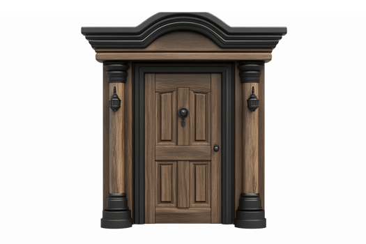 Elegant Wooden Front Door Design with Classic Architecture Elements and Detailed Finishes png