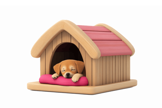 Adorable Sleeping Dog in Cozy Wooden Doghouse with Pink Bed Cushion on Transparent Background png