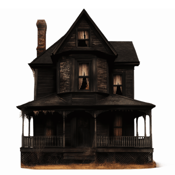 Haunted Victorian House with Dark Exterior and Eerie Windows for Halloween Decor png