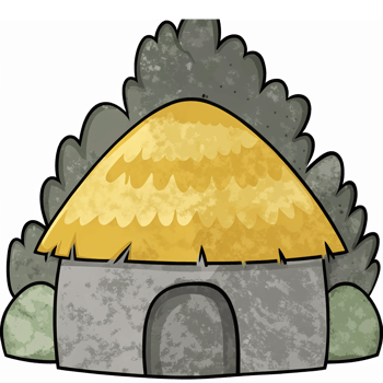 Illustration of a Rustic Stone Cottage Surrounded by Lush Greenery with a Thatched Roof png