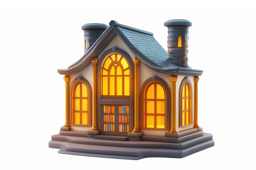 Charming Cozy Library Building with Warm Lighting and Detailed Architecture png