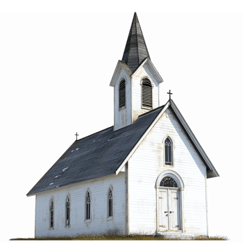 Isolated White Wooden Church with Tall Steeple on Transparent Background png