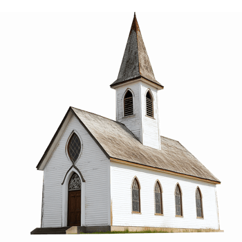 Charming White Wooden Church with Steeple and Arched Windows on Transparent Background png