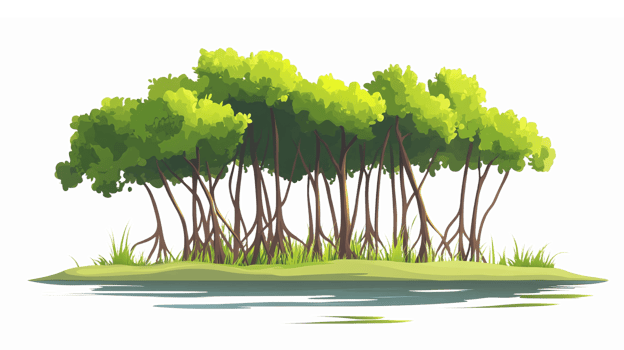 Lush Green Mangrove Forest Isle with Reflections in Calm Water Environment png