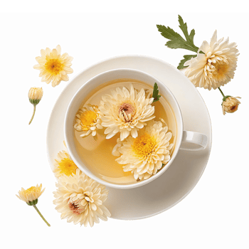 Chrysanthemum Flower Tea Composition in White Cup with Blooms and Leaves on Transparent Background png