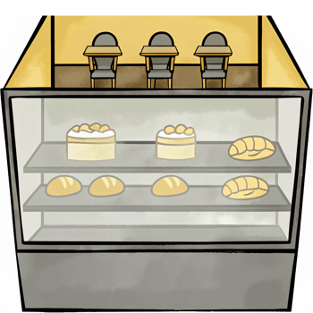 Bakery Display Case with Assorted Pastries and Seating Area for Customers png