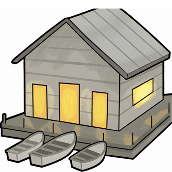 Cozy Wooden Boathouse with Boats on Dock and Warm Lighted Windows png
