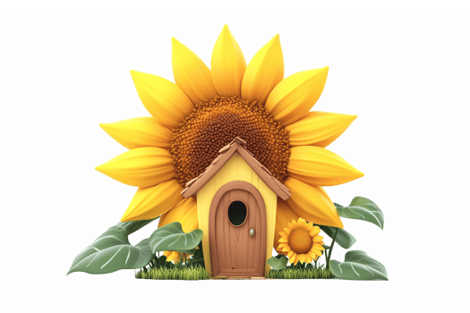 Charming Sunflower House with Green Leaves Botanical Illustration for Whimsical Decor png