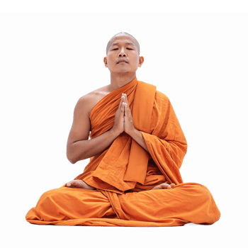 Serene Monk in Orange Robes Meditating with Hands Together in Prayer Position on Transparent Background png
