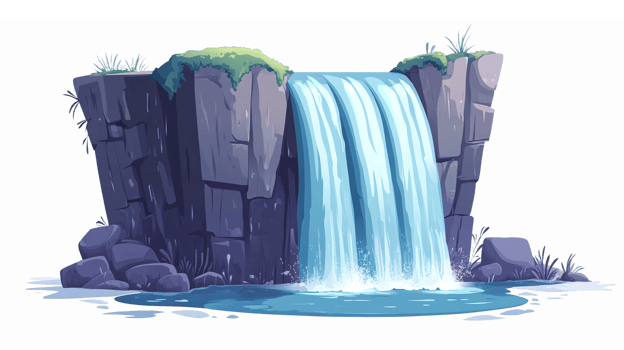 Stunning Waterfall Cascading Down Rocky Cliffs Surrounded by Lush Greenery and Calm Pool png