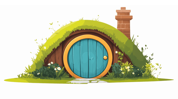 Charming Cartoon Hobbit House with Round Blue Door and Lush Greenery png