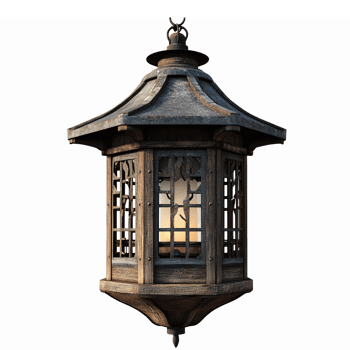Rustic Wooden Lantern with Glass Panels and Warm Glow for Outdoor Decor and Ambient Lighting png