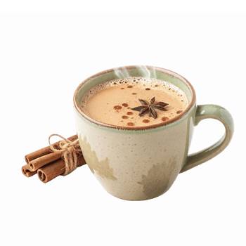 Warm Spiced Chai Latte in a Ceramic Mug with Cinnamon Sticks and Star Anise png