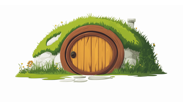 Whimsical Hobbit Door Surrounded by Lush Green Grass and Flowers Ideal for Fantasy Themes png