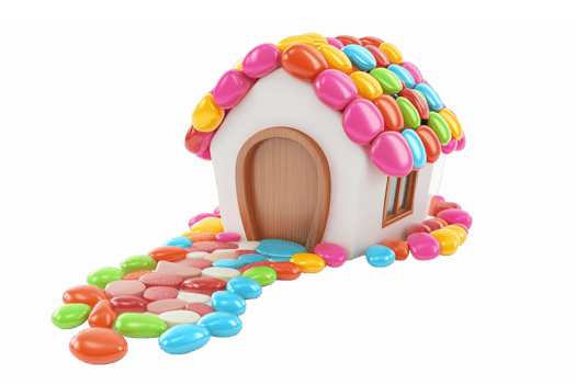 Colorful Candy House with Candy Pebbled Roof and Pathway in a Whimsical Style png