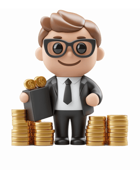 Smiling Businessman Character Holding Briefcase and Cash Stacks with Coins on Transparent Background png