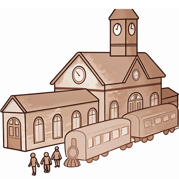 Vintage Train Station Illustration with Locomotive and Passengers for Travel and Transportation Themes png