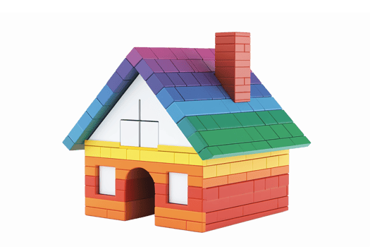 Colorful Block House Design with Rainbow Roof and Brick Walls for Playful Architecture Themes png