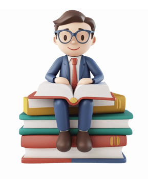 Smart Young Man in Suit Reading a Book Sitting on Colorful Stack of Books 3D Illustration png