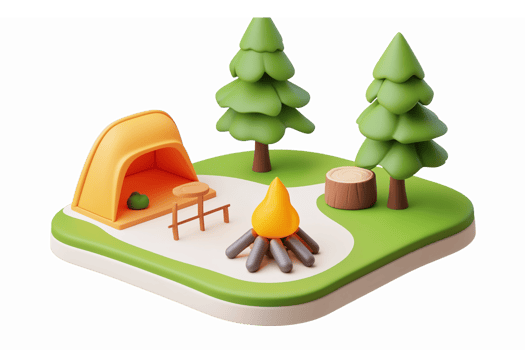 Camping Scene with Tent Campfire and Trees for Outdoor Adventure Activities png