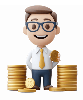Happy Businessman Holding Coin Surrounded by Stacks of Gold Coins for Financial Success png