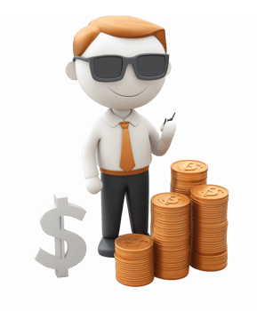 Confident Businessman Character with Sunglasses and Stacked Coins Representing Wealth and Success png