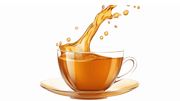 Splashing Tea in a Transparent Cup on Saucer with Rich Amber Color and Dynamic Motion png
