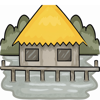 Colorful Tropical House on Stilts Surrounded by Water and Lush Trees Perfect for Nature Themes png