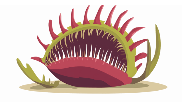 Colorful Cartoon Style Venus Flytrap Plant with Open Jaws and Green Leaves on Soil png