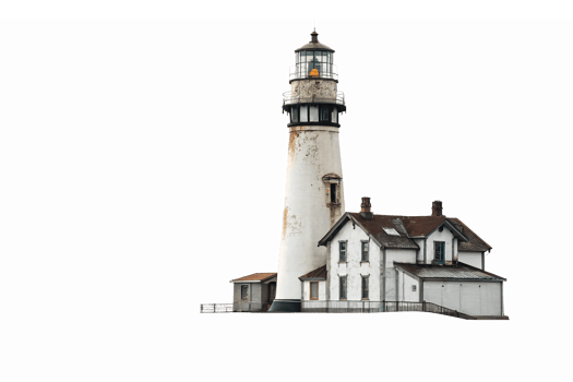 Vintage Coastal Lighthouse with White House and Tower Surrounded by Ocean for Nautical Decor png