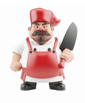 Cartoon Chef Character Holding Knife in Red Apron with Mustache and Hat for Culinary Designs png