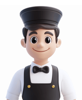 Friendly Cartoon Waiter Character with Bow Tie and Cap on Transparent Background png