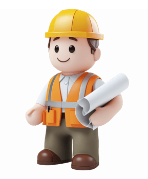 3D Building Construction Worker Character Holding Blueprint with Safety Helmet and Vest png